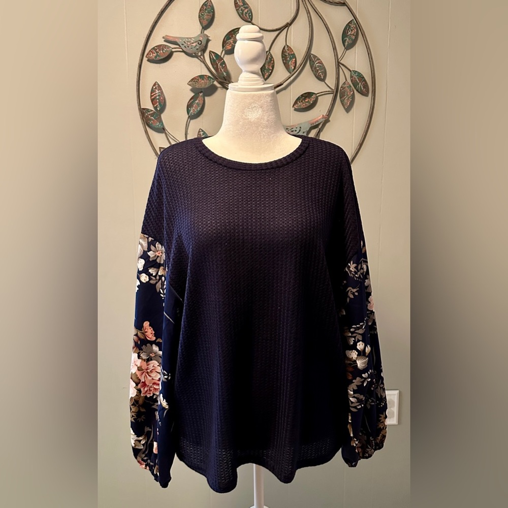 Waffle Knit Top w/ Balloon Sleeves